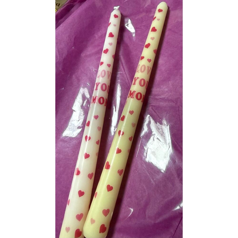 Pack of 6 Love You Mom 10” taper candles, pink, white, yellow and purple.